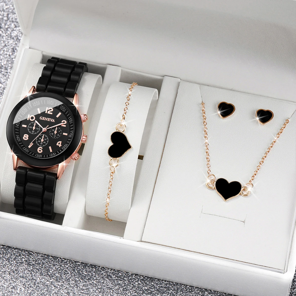 4pcs/set Geneva Watch Fashion Silicone Band Women Quartz Watches Heart Jewelry Set(Without Box)