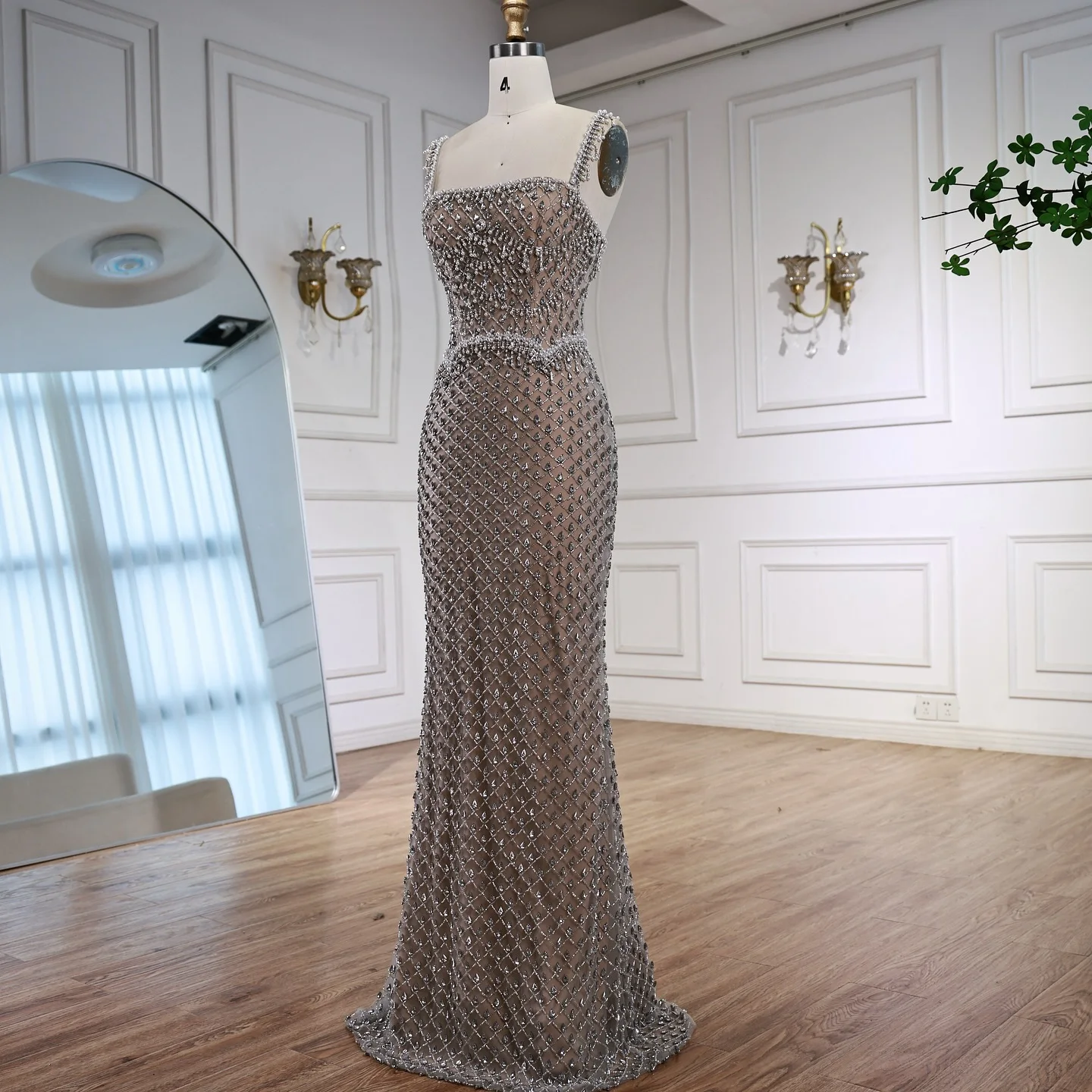 silver beaded evening dress Silver Mermaid Beaded Evening Dresses Illusion High Neckline – TANYA BRIDAL main image 0