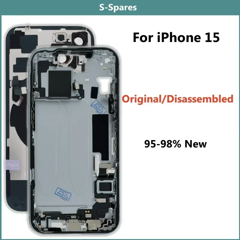 Original Disassembled Middle Frame Housing for iPhone 15, Back Glass Cover, NFC Wireless Charger Assembly, 95% New