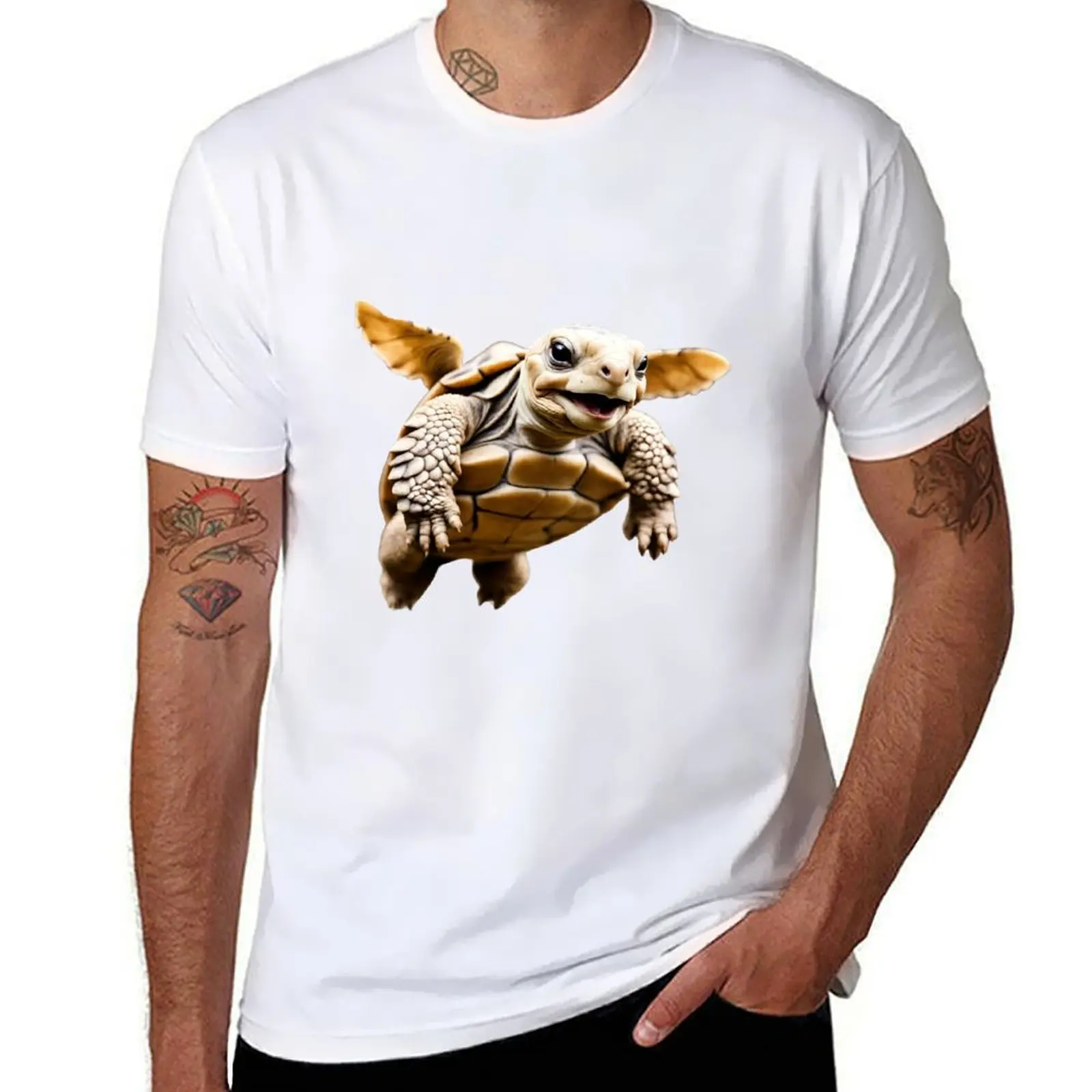 

A Sulcata tortoise flies with a smiling face T-Shirt anime tshirt t shirt for man T-Shirt