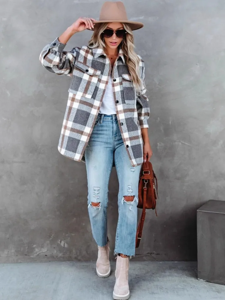 جديد Vintage المرأة المتضخم كم طويل منقوشة قميص بلوزة بلايز الخريف الشتاء زر أسفل فضفاض التلبيب جيب قميص الكورية نمط