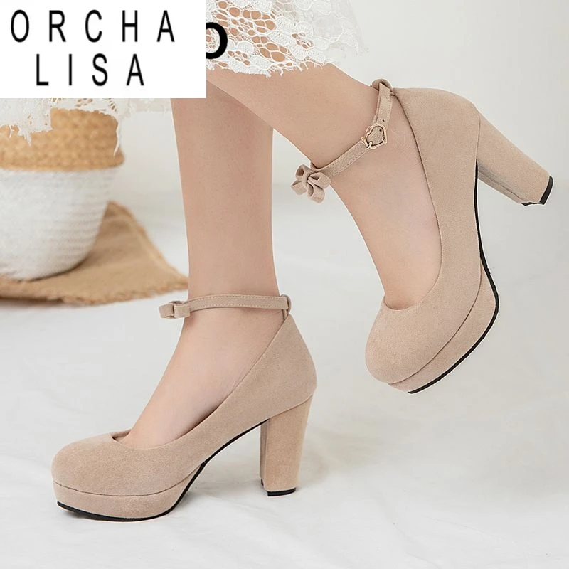 

ORCHA LISA 2025 Сексуальные женские туфли-лодочки с круглым носком на массивном каблуке 8,5 см, платформа 2 см, пряжка, ремешок, бант, флок, замша, большой размер 45, 46 47 48