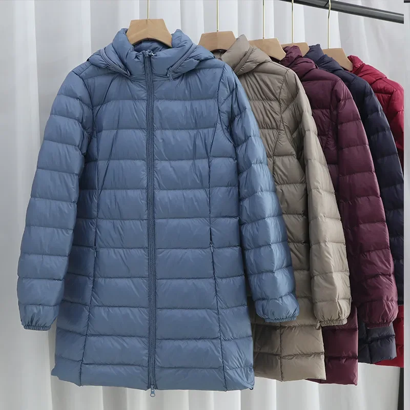 Hooded Down Coat Winter Women Light Thin White Duck Down Jacket Parkas Ladies Long Warm Big Size Puffer Outwears