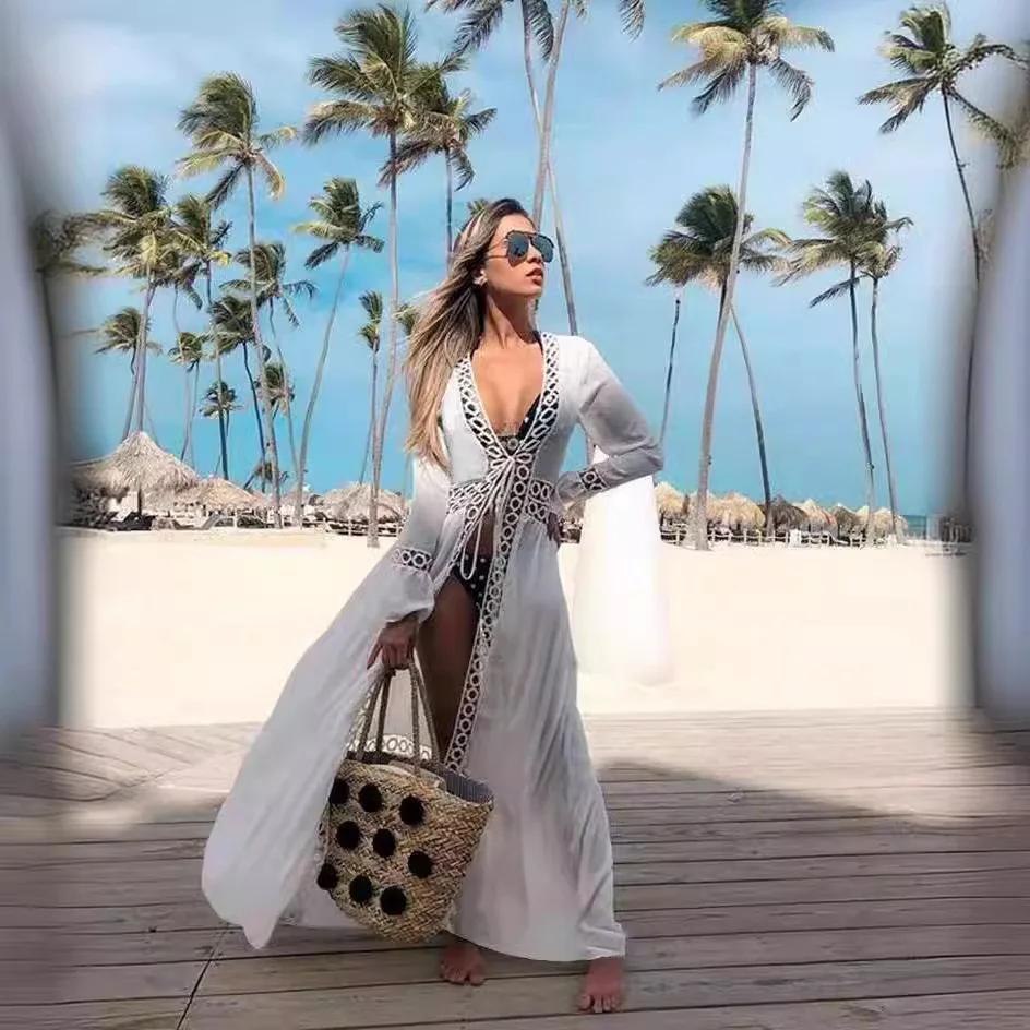 Women Swimwear Long Cardigan Cover-Ups V Neck Flare Sleeved Cover Up Elegant Lady Hollow Out Loose Capes Beach Summer 2025