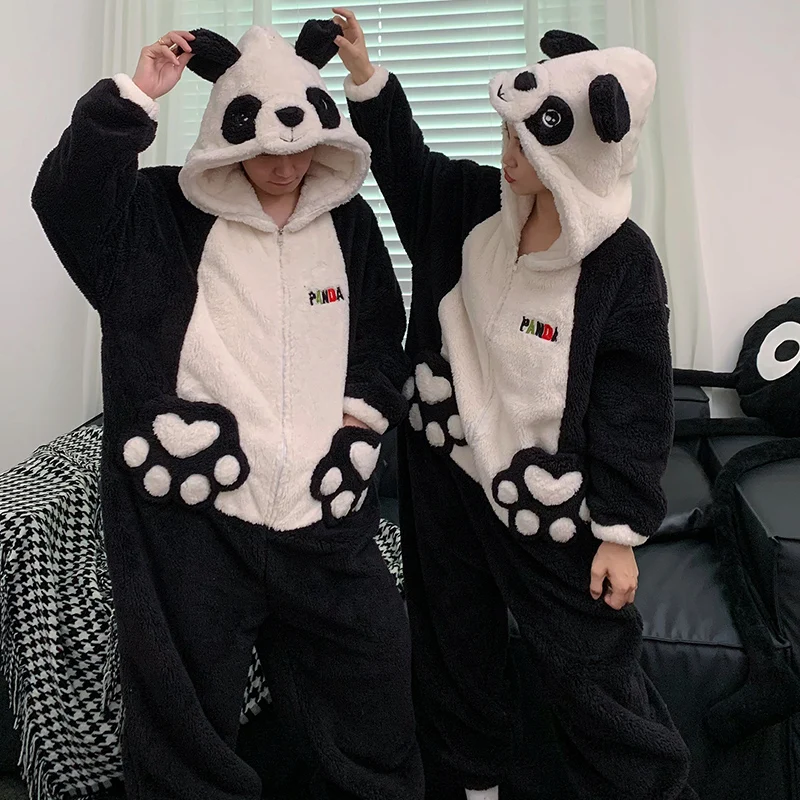 

Kigurumis Panda Winter Couple Pajamas Jumpsuits Women Men Warm Thicken Cartoon Hooded Coral Velvet Sleepwear One-Pieces Lovers