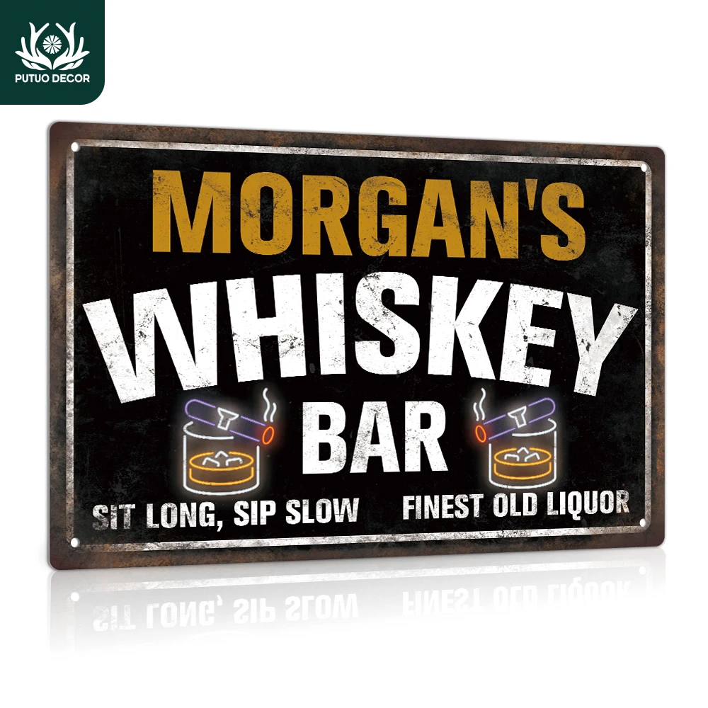 

Putuo Decor 1pc Art Custom Tin Sign, Morgan's Whiskey Bar, Personalized Plaque Wall Decoration for Home Farmhouse Bar Club