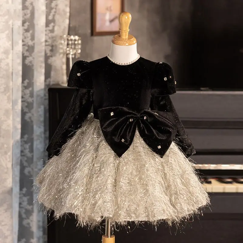2025 Girls' New  Birthday Princess Gown Dress Halloween Light Luxury High-End Piano Performance Host