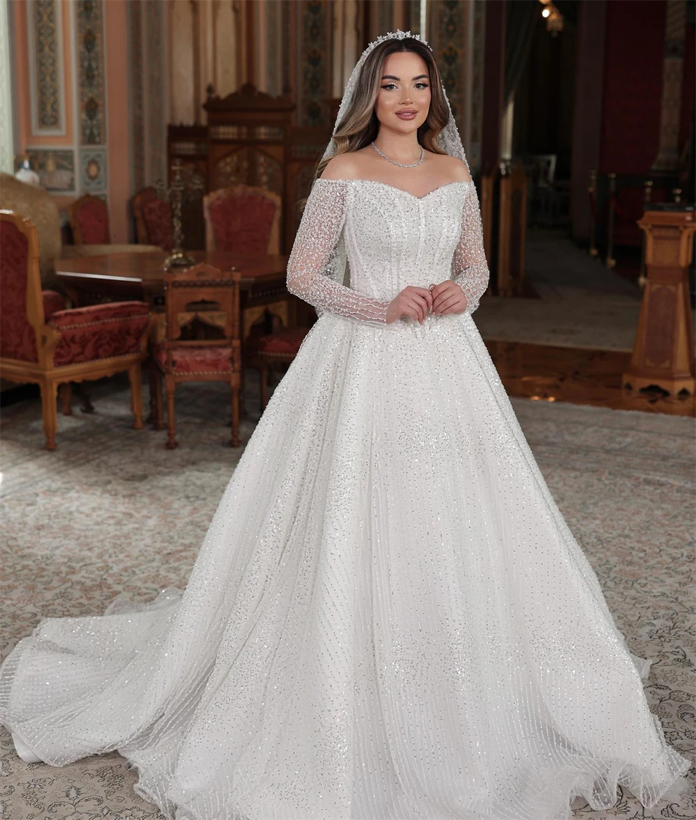 

Customized Elegant White Organza Wedding Dress Formal Sweetheart Long Sleeves Bridal Gown Soft A-Line Court Train Robe de mariée