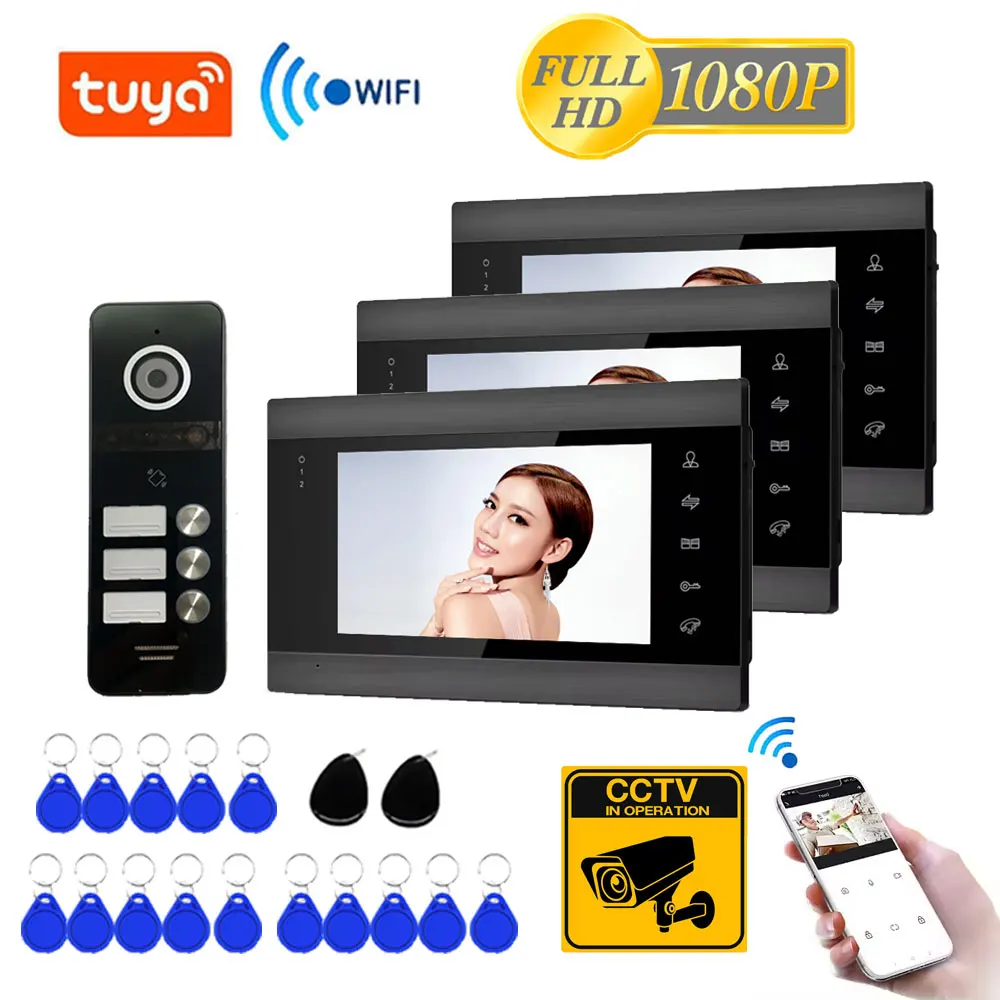 TUYA 7 Inch WiFi 1080P Video Intercom Smart Home APP Wireless Video Door Phone RFID Access Control System for 3 Family Apartment