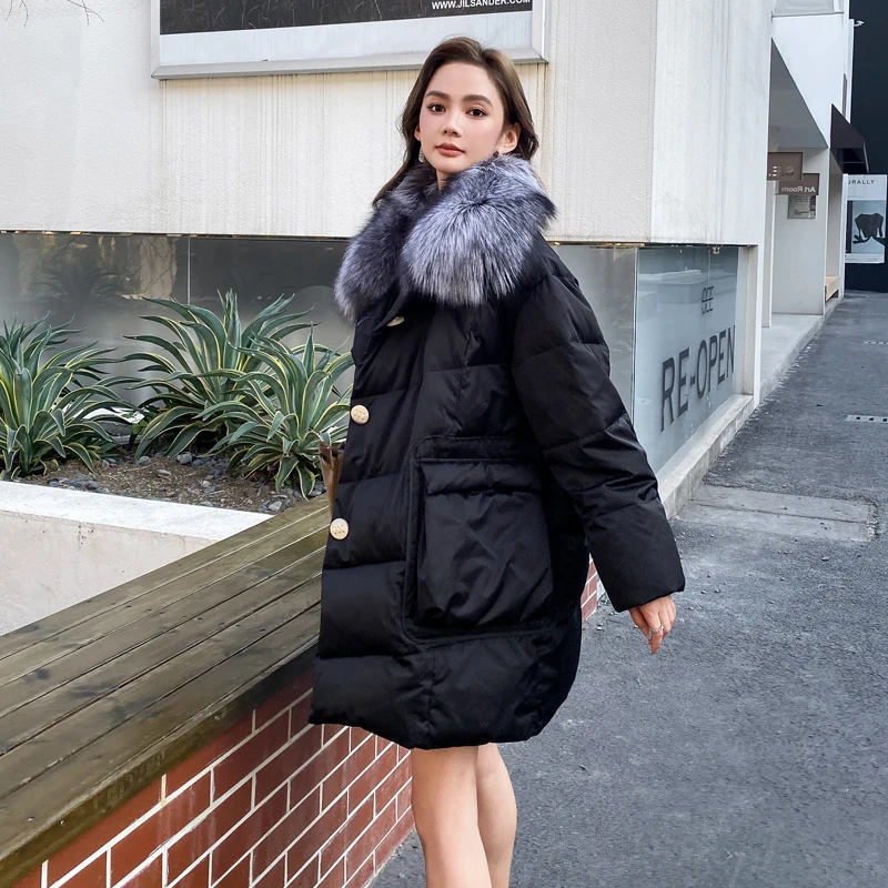 New Fashion Winter Natural Silver Fox Fur Coat Goose Down Jacket  Parkas Long Luxury Puffer Jackets Clothing Women