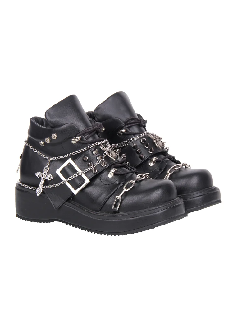 2025 New Product Punk Round Head Belt Buckle Decorative Sponge Cake Thick Soled Shoes Japanese Retro Girl Single Shoes