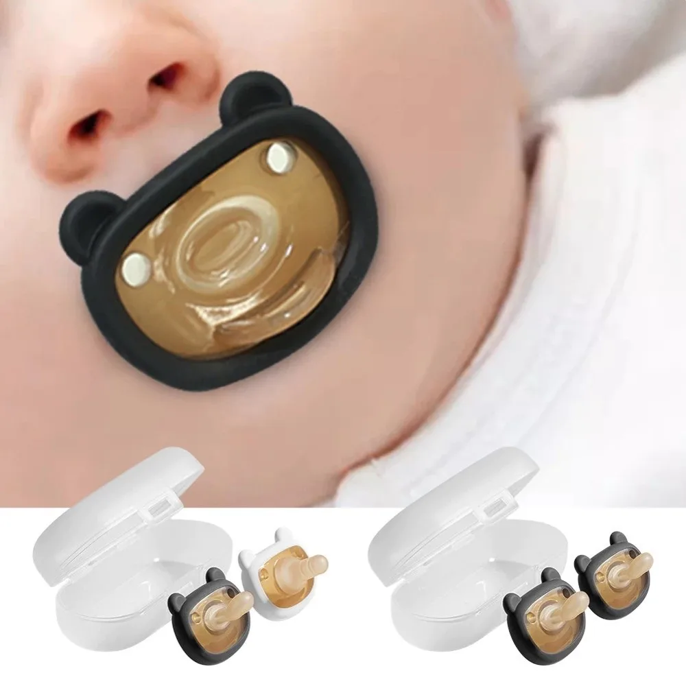 

2pcs/Set Silicone Newborn Pacifier Prevent Flatulence Flat Round Mouth Pacifier Storage Set Safe Material Antimicrobial