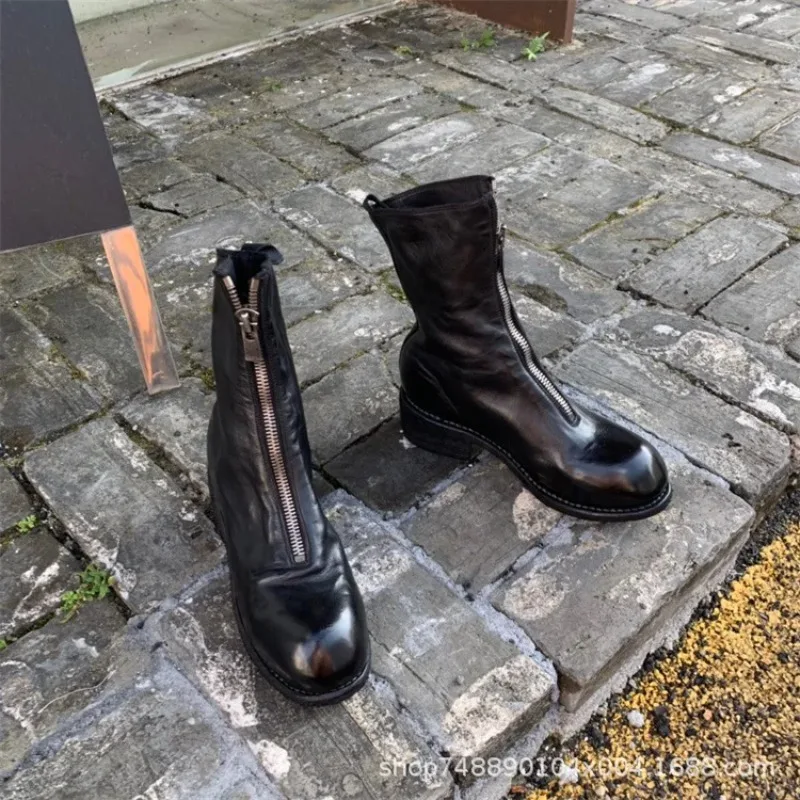 

2023 New Women's Front Zipper Ghost Emperor Horse Leather Short Boots Retro Medium Boots Shoes for Women Women Shoes