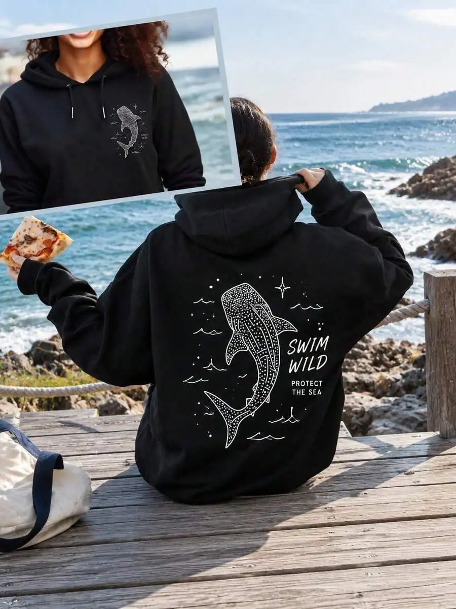 Women's Casual Long-Sleeve Drawstring Hoodie With Pockets – 270g – Ocean Conservation Graphic Print – Autumn/Winter