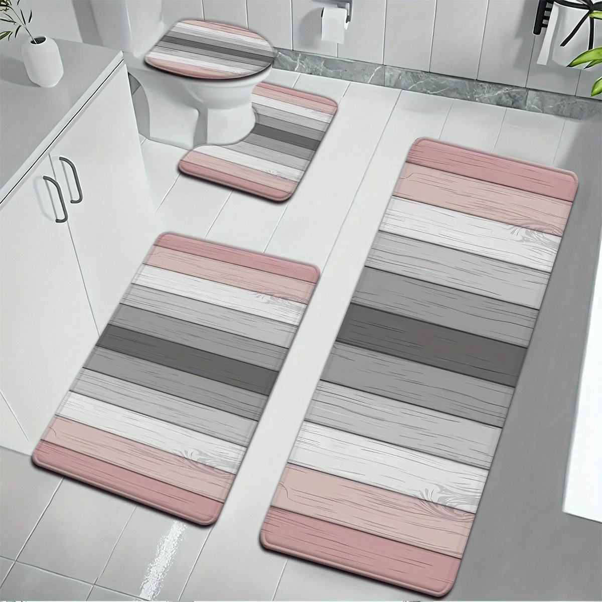 

Набор ковриков для ванной комнаты из 4 предметов: розово-серые полосы под дерево, нескользящие, мягкие, с U-образным ковриком и чехлом для унитаза, для домашнего декора