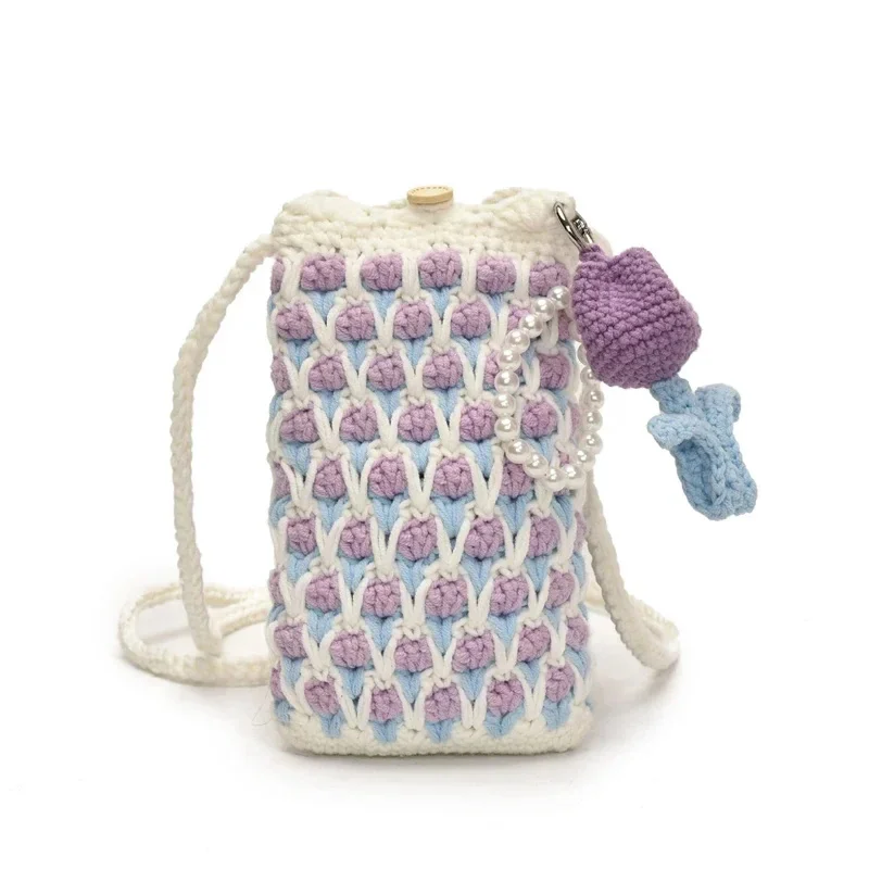 Handmade Backpacks Crochet Tulip Crossbody Bag Pink Knitted Phone Bag Mini Shoulder Purse For Women Birthday Tote Bag Gift New view 4