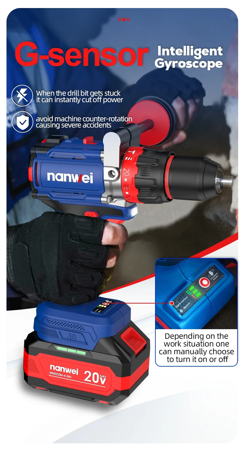 Brushless Cordless Impact Drill NANWEI Cordless 20v 13mm Ice Drill Power Tool 160NM High Torque
