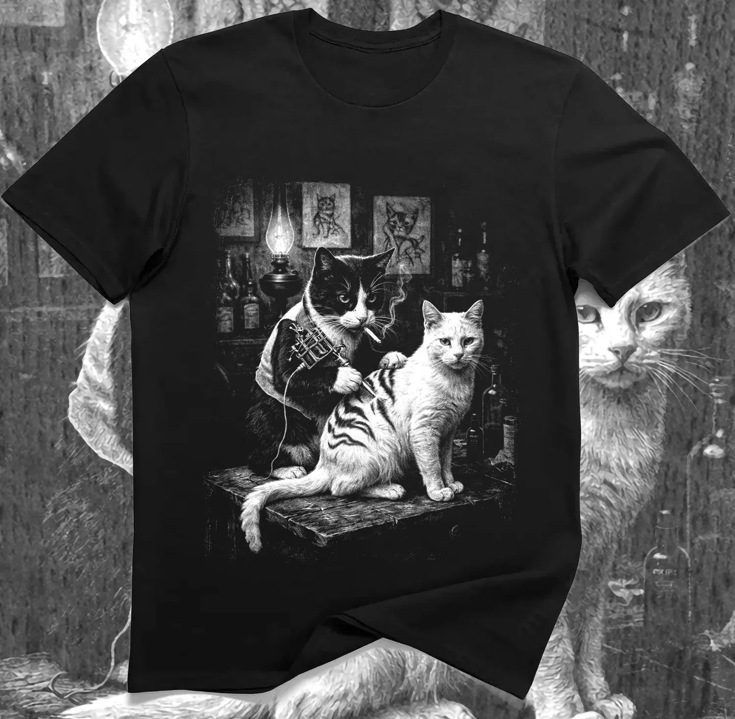 Funny Artist Tattoo Cat Shirt Vintage Parlor Kittens T-Shirt Tattoo Four season popular unisex cotton T-shirt