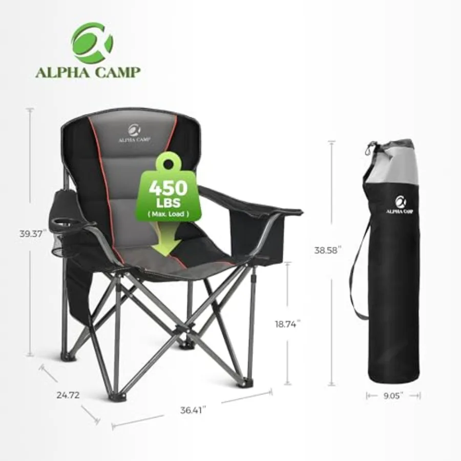 ALPHA CAMP Oversized Camping Folding Chair Heavy Duty Support 450 LBS Steel Frame Collapsible Padded Arm Chair with Cup Holder