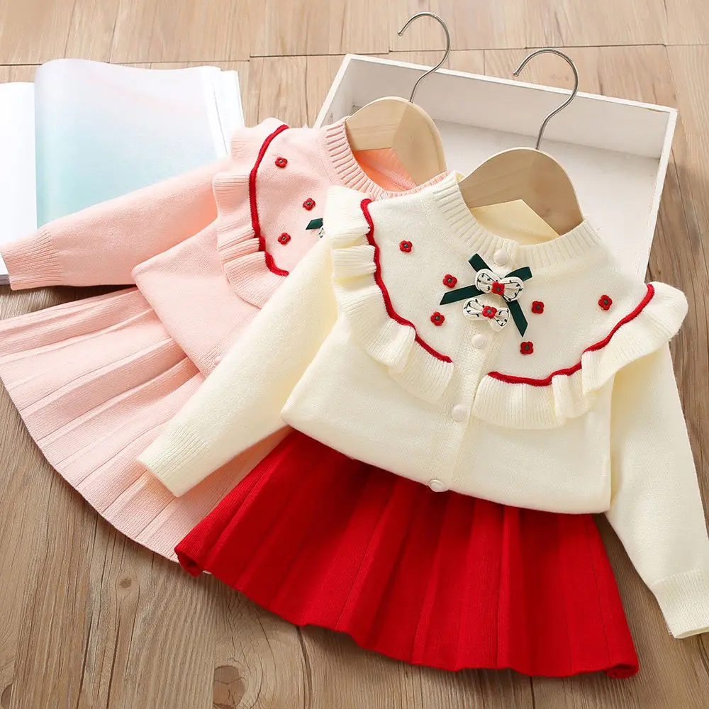 Girls' Sweater Set Autumn/Winter New Fashionable Flower Little Girl Knitted Long Sleeve Lace Children's Two Piece Set