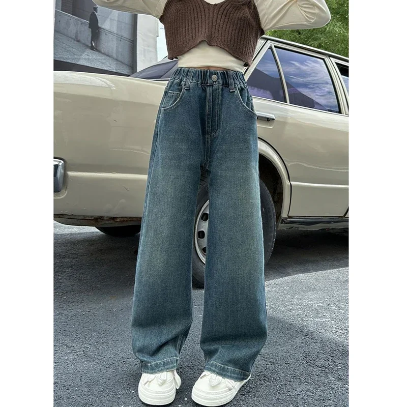 Wide Leg Jeans for Girls Spring Autumn Loose Vintage Straight Retro Pants Fashion Teenage Kids Trousers 6 8 9 10 11 12 14 Years