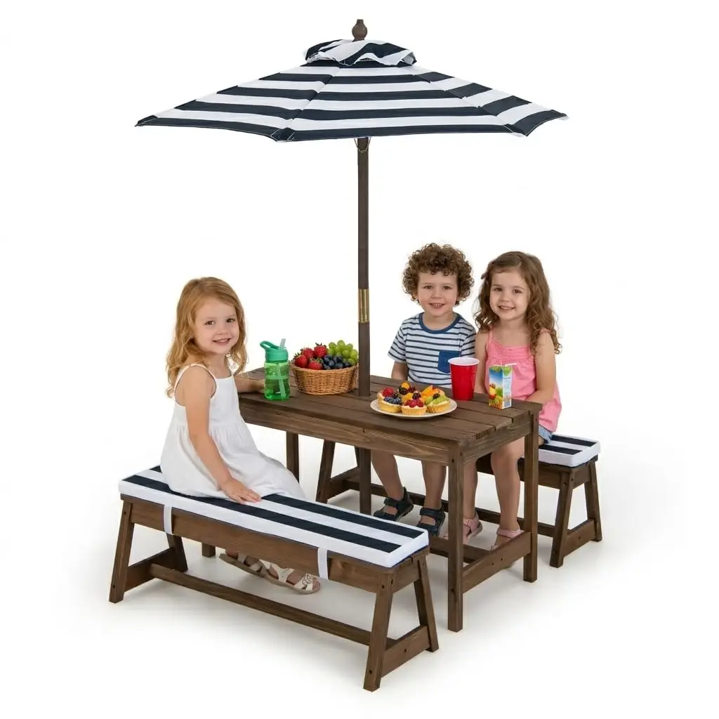 

Height Adjustable Wooden Kids Picnic Table Chair Set w/Umbrella Cushions Outdoor Patio Garden Backyard Gift Ages 3-8, Customized