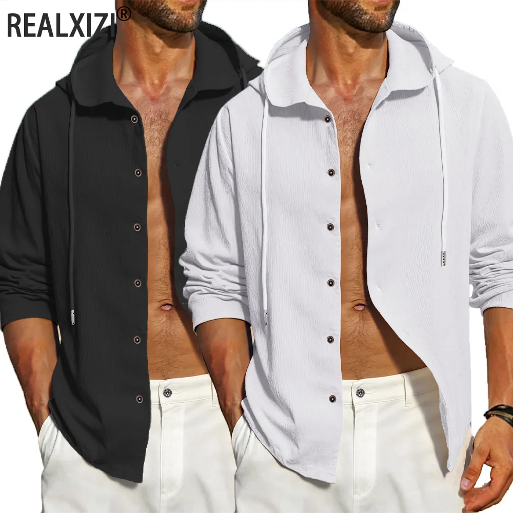 Spring Summer Men's Long Sleeve Shirt Solid Color Hooded Shirt Lightweight Tops Streetwear Men Casual Loose Hooded Shirt