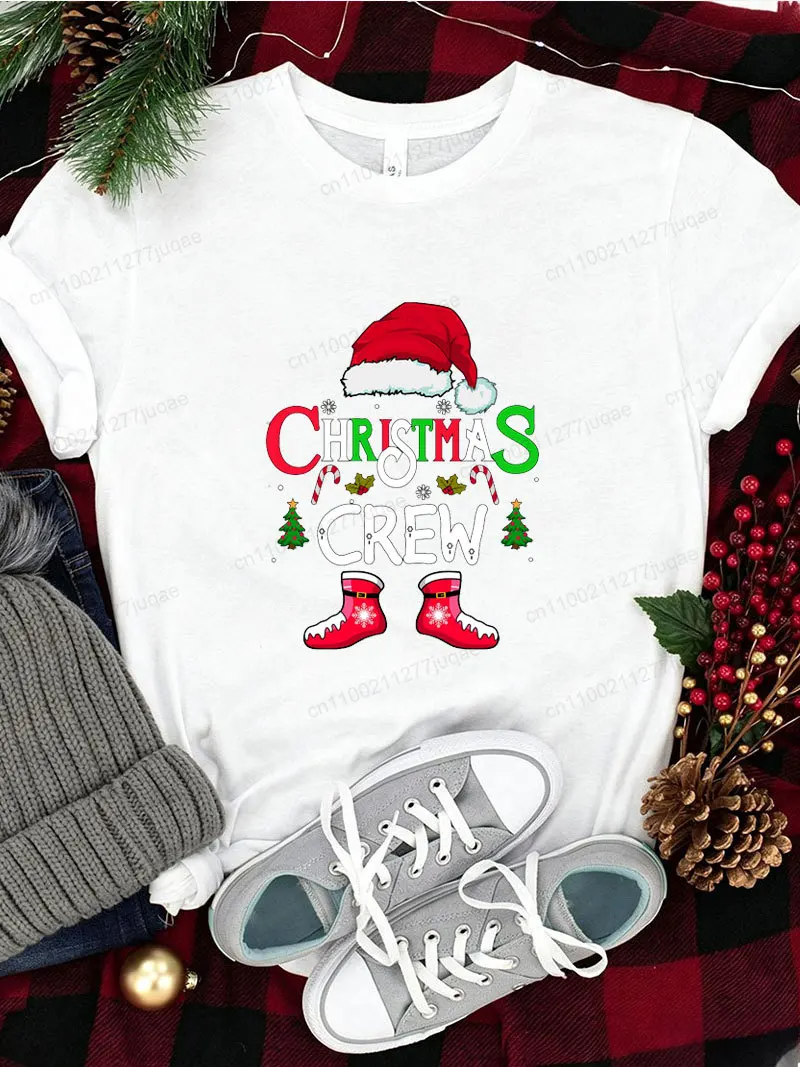 Weihnachts-Crew-Grafik-T-Shirts für Damen und Herren, T-Shirts mit Weihnachtsmann-Mützen-Print, kurzärmelige Oberteile für Weihnachten, passende Familien-Outfits für Partys, Geschenke – Detail 5