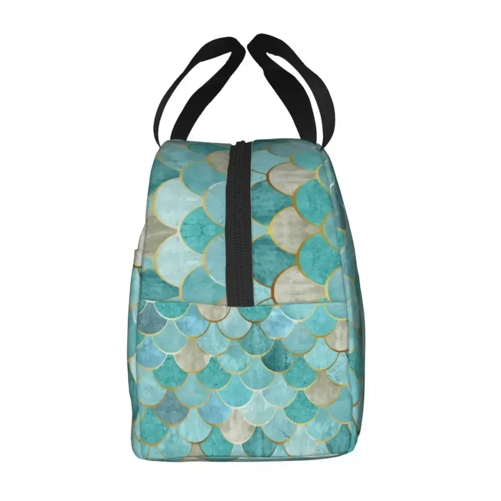 Mermaid Fish Scale Pattern Thermal Insulated Lunch Bags Aqua Teal Fishscales Portable Lunch Tote Kids Storage Food Box