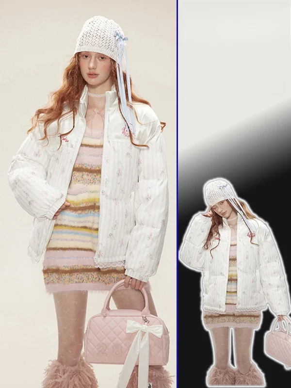 

Winter Casual Sle Floral Cotton Jaet Women's plus Size Letter Print Stand Collar Coat Sweet Loose Fit Thiened Long Sve