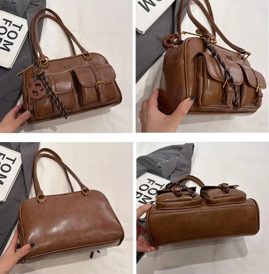 Kaffeebraune Damen-Handtasche mit mehreren Taschen, Umhängetasche, stilvolle, vielseitige Umhängetasche mit Buchstaben für Reisen, Arbeit, Einkaufen, Termine – Detail 19