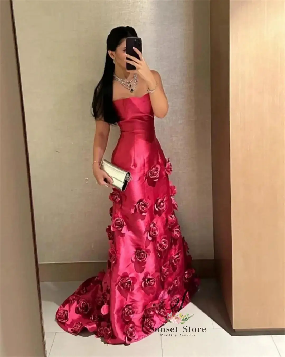 Customized   Made Elegant Party Dresses Woman Wedding Dress Tube Top 3D Flowers Women Evening Dress Satin Ground Length Prom2025