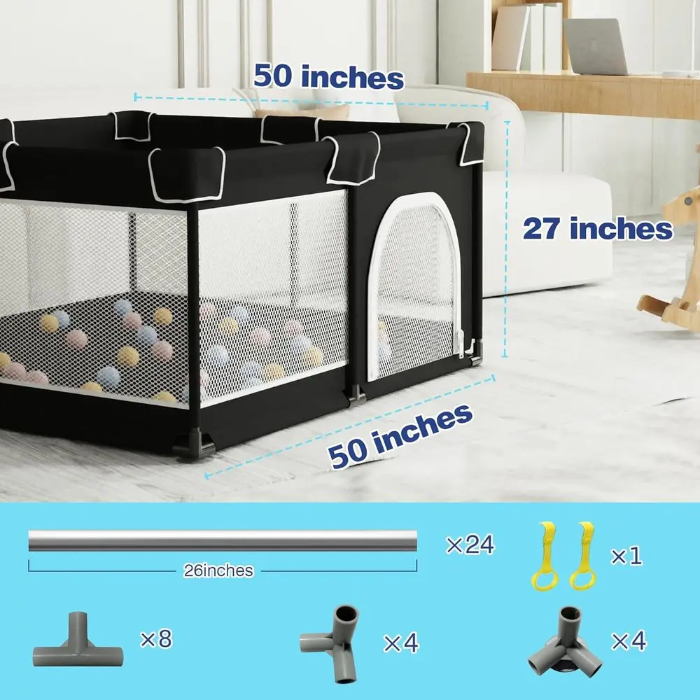 روضة أطفال متينة للاستخدام الداخلي والخارجي، ساحة لعب كبيرة مع شبكة ناعمة، أسود، 50 × 50 بوصة #3