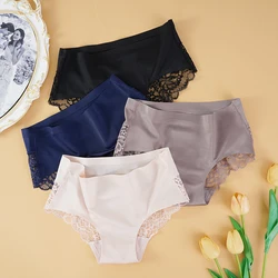 Women Sexy Mid Waist Lace Panties Hollow Out Ice Silk Briefs Solid Color 2XL Female Lingere Underpants Comfortable Underwear