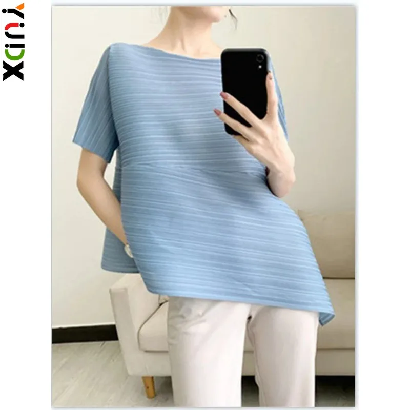 

YUDX Irregular Pleated T-shirt for Women Round Neck Short Sleeves Solid Color Loose Casual Top 2024 Summer New