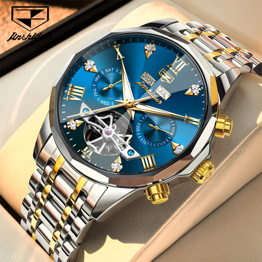JSDUN 8989 Man Watch Rhombus Mirror Skeleton Flywheel Dual Calendar Hot Sale Luxury Business Automatic Mechanical Men's Watches