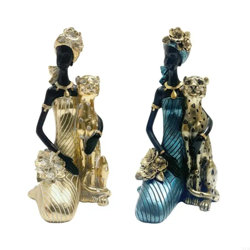 African Women with Cheetah Figurine, Exotic Resins Character Statue, Tribal Lady Animal Leopard Sculpture Home Office 37JD