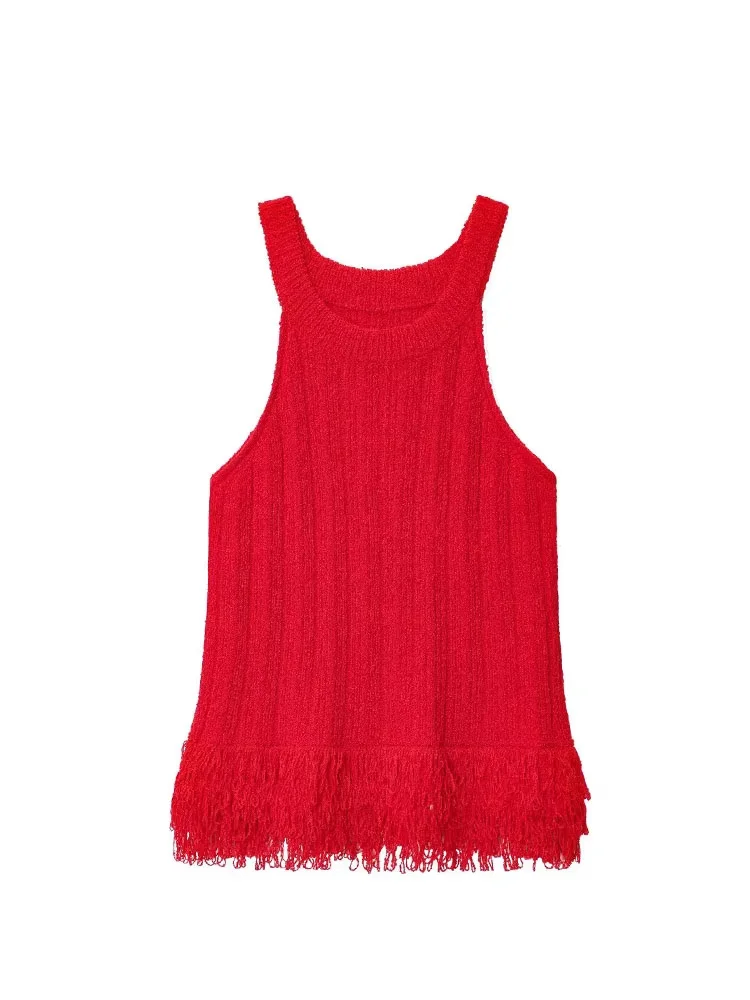 

HH женский летний сексуальный шикарный свитер, жилет, однотонный с круглым вырезом, украшение с кисточками, женские новые модные тонкие вязаные топы без рукавов, модные