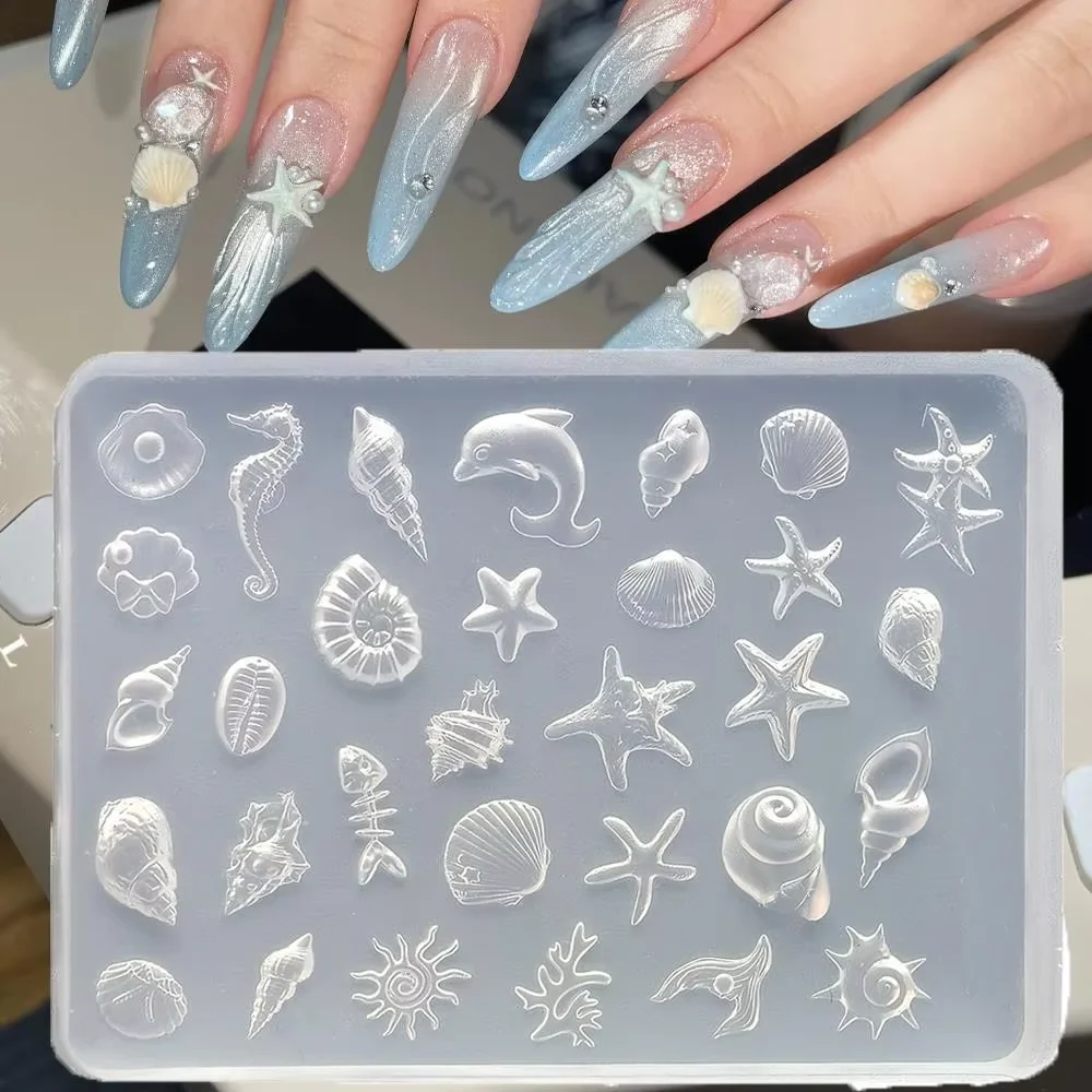 1 Stück Sommer Muschel Seestern Silikon Nagelkunstform 3D Delfin Seepferdchen Muschel Koralle Nagelschablonen Ozean Maniküre Charms Vorlage