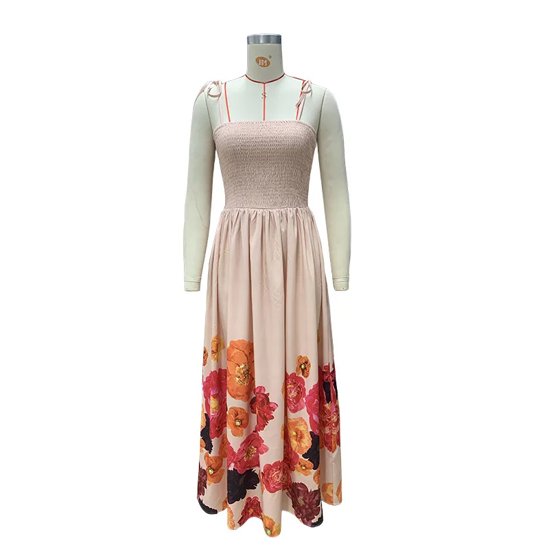 BAMBOOBOY Women Backless High Waist Vacation A-line Dress Summer Sleeveless Floral Long Slash Neck Spaghetti Strap Sundress