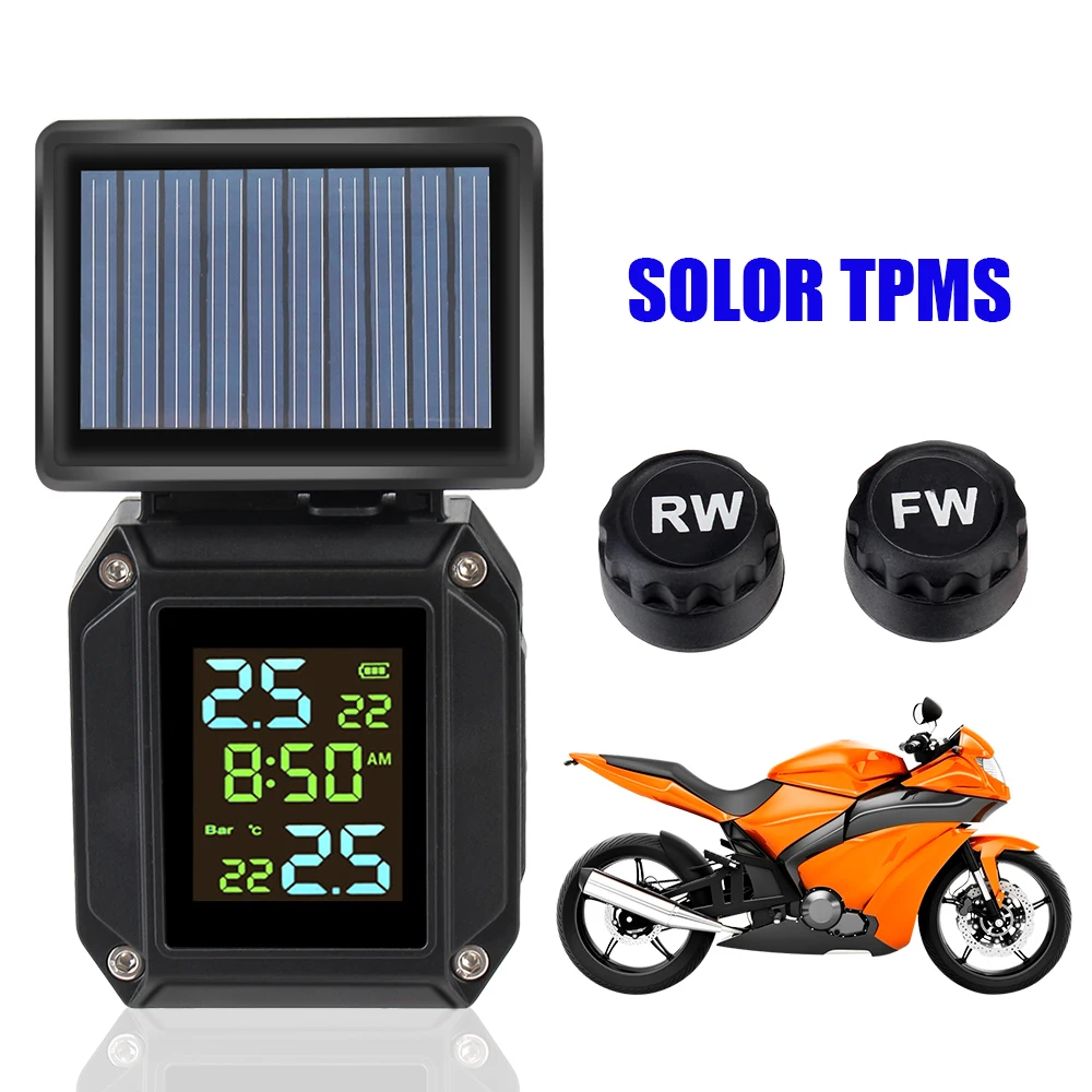 Motorfiets Tpms Solor Usb Lading 2 Externe Sensoren Bandenspanning Monitoring Systeem Lcd-Display Band Temperatuur Alarm