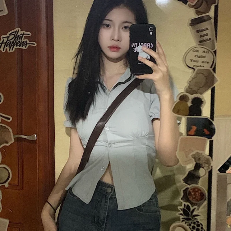 

Green-gray Shirts Women Slim Hotswet Summer Elegant Schoolgirls Leisure Streetwear Popular Korean Style All-match Ins Office New