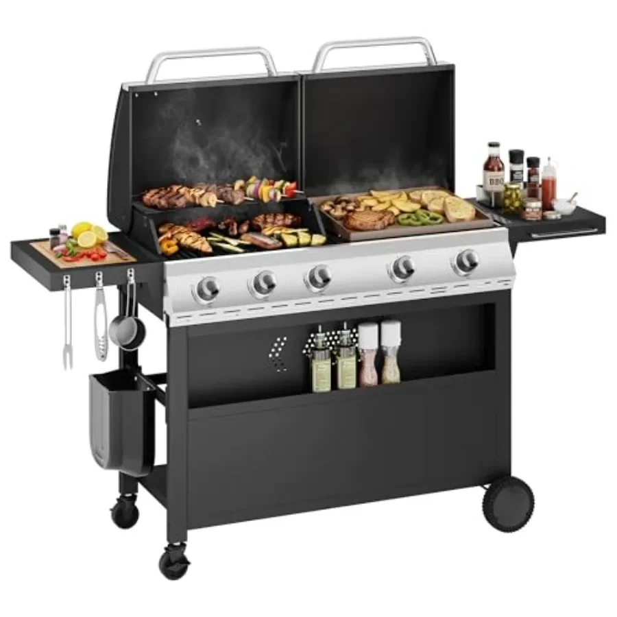 

Dual Outdoor BBQ with Propane, Porcelain-Enameled Cast Iron Grates, Flat Top, 696 SQ.IN. Cooking Area, Black, Heavy-Duty Heat D