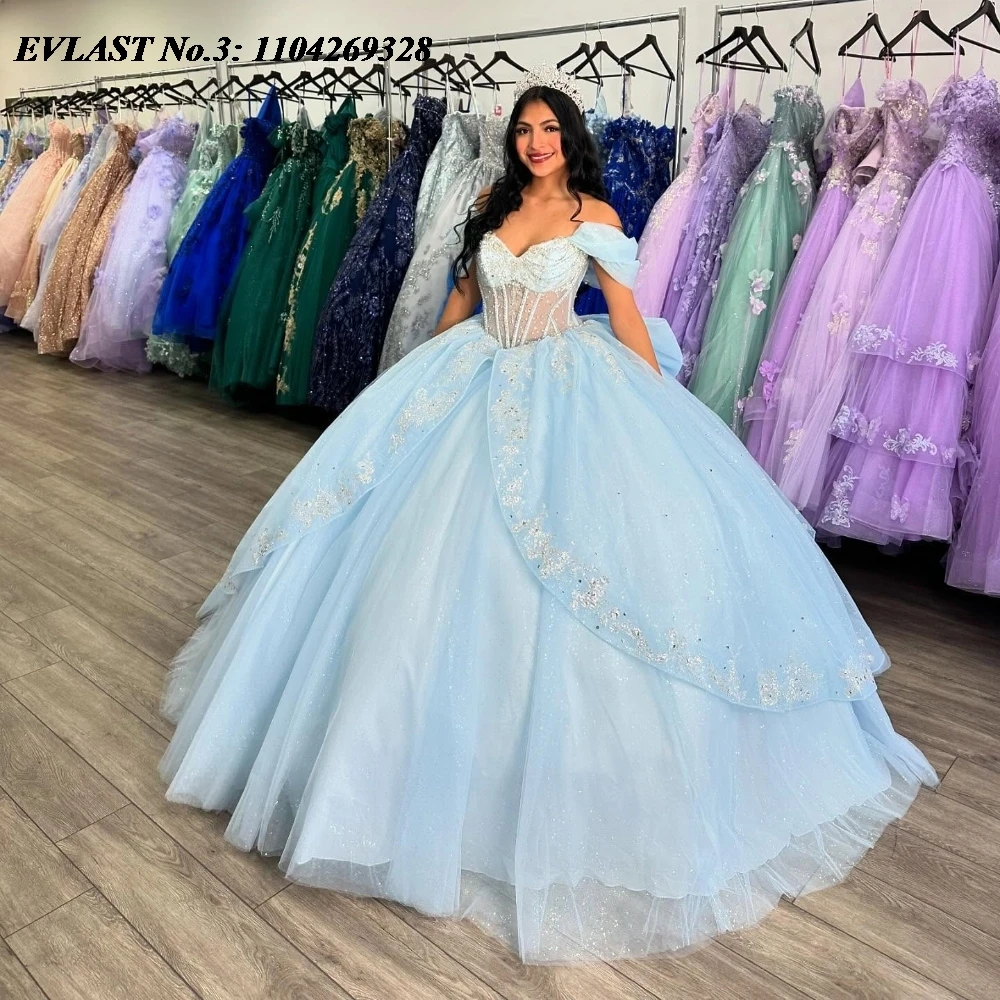 

EVLAST Customized Shiny Sky Blue Quinceanera Dress Ball Gown Off Shoulder Applique Beaded Bow Sweet 16 Vestido De 15 Anos E3Q326