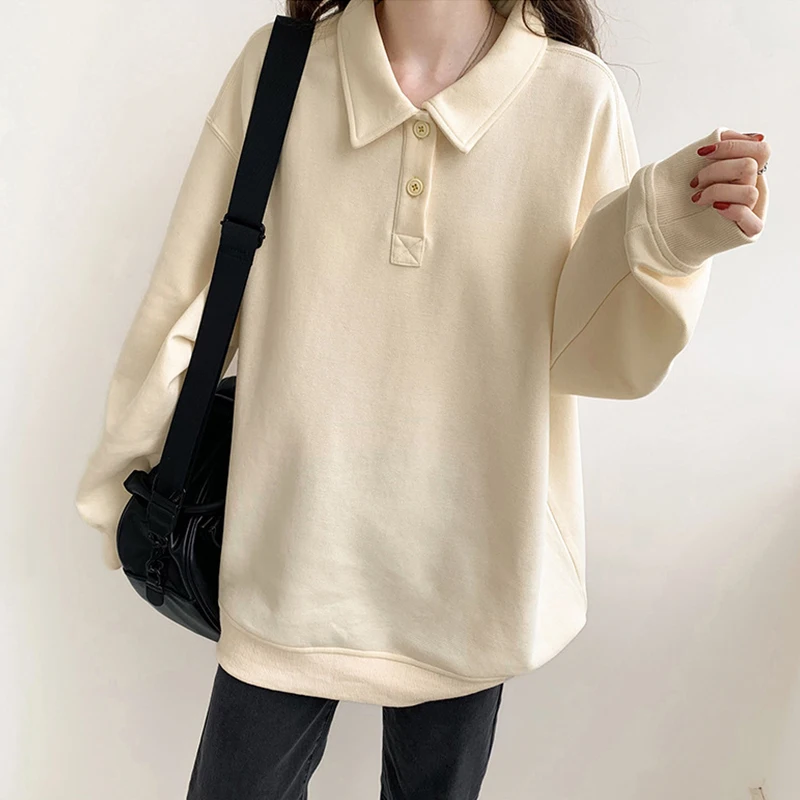 Vintage Lapel Collar Loose Sweatshirt Women New Spring Autumn Korean Style Casual Pullovers Women Solid Long Sleeve Hoodie