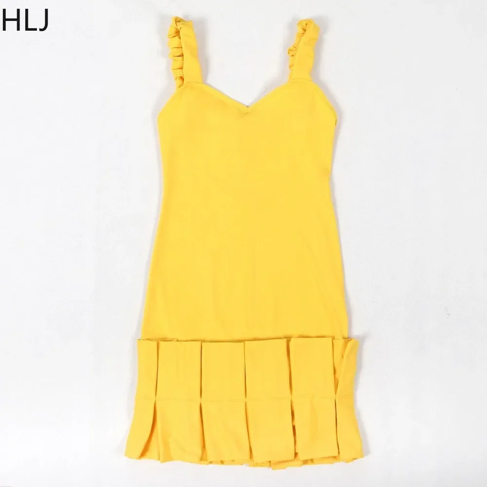 HLJ Giallo Sexy Volant Aderente Della Cinghia di Spaghetti Mini Abiti da Donna Scollo a V Backless Fasciatura Abiti Moda Sottile Club Abbigliamento