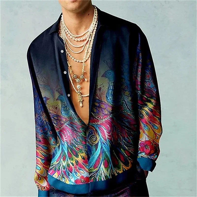 

Casual Simple Long Sleeve Shirt Men's Fall Men's Shirt Long Sleeve Men's Ethnic Style Graphic 3d Print Holiday Button Men's Shir