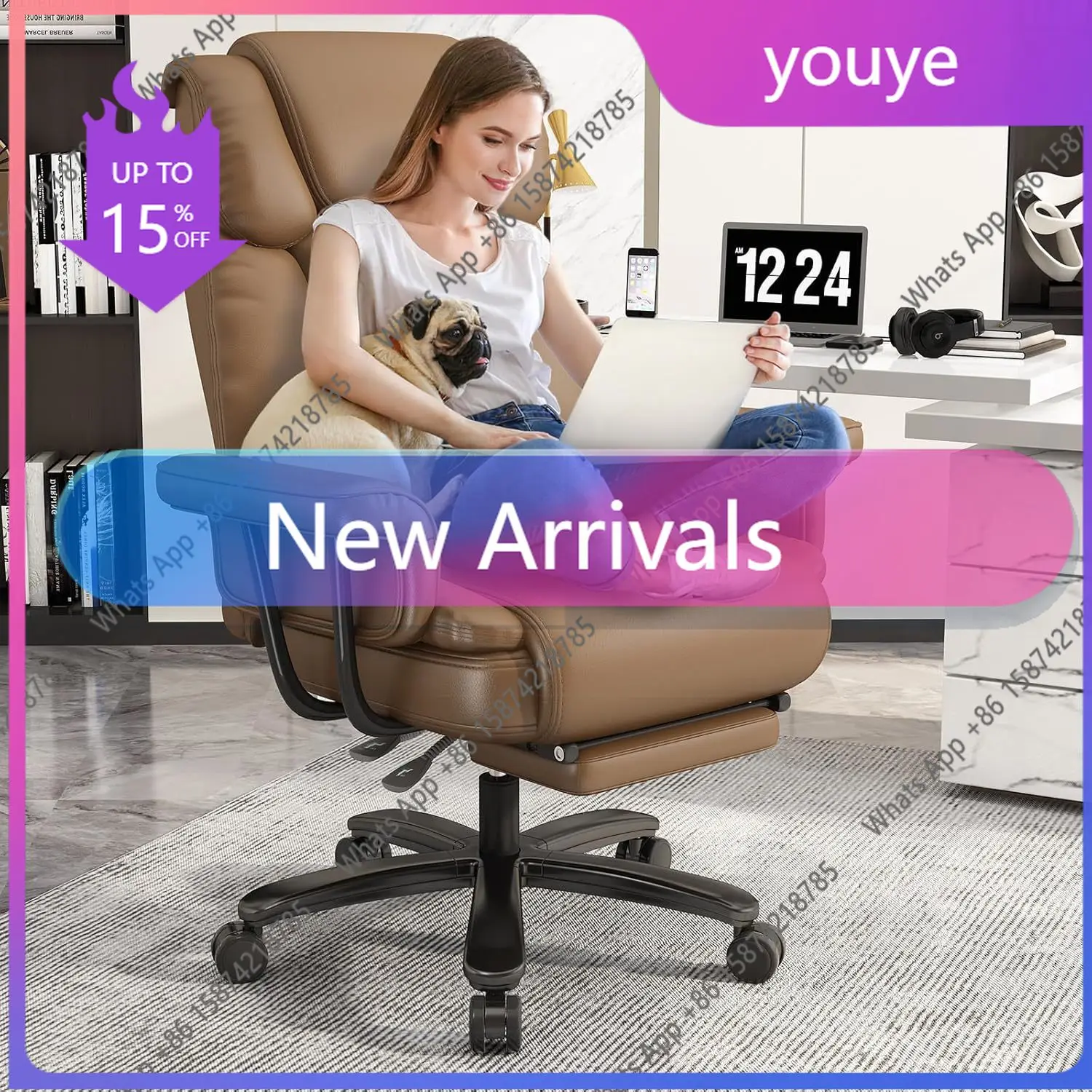 

Кресло N67 AZ Criss на колесиках, 160 ° Большое и высокое офисное кресло с откидной спинкой, широким сиденьем, подлокотниками, подставкой для ног, коричневое