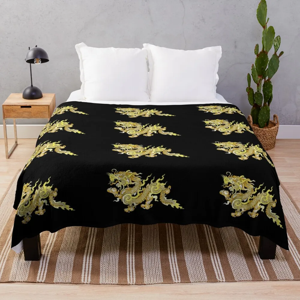 Bhutanese Golden Dragon on Black from Old Flag Throw Blanket Designers Sofas Blankets