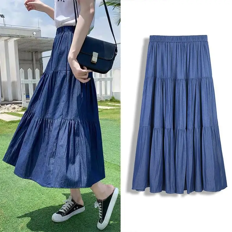 

2024 Summer New Elastic High Waist Thin Casual Simple Denim Skirt Korean Loose Temperament Women A-line Long Skirt Free Shipping